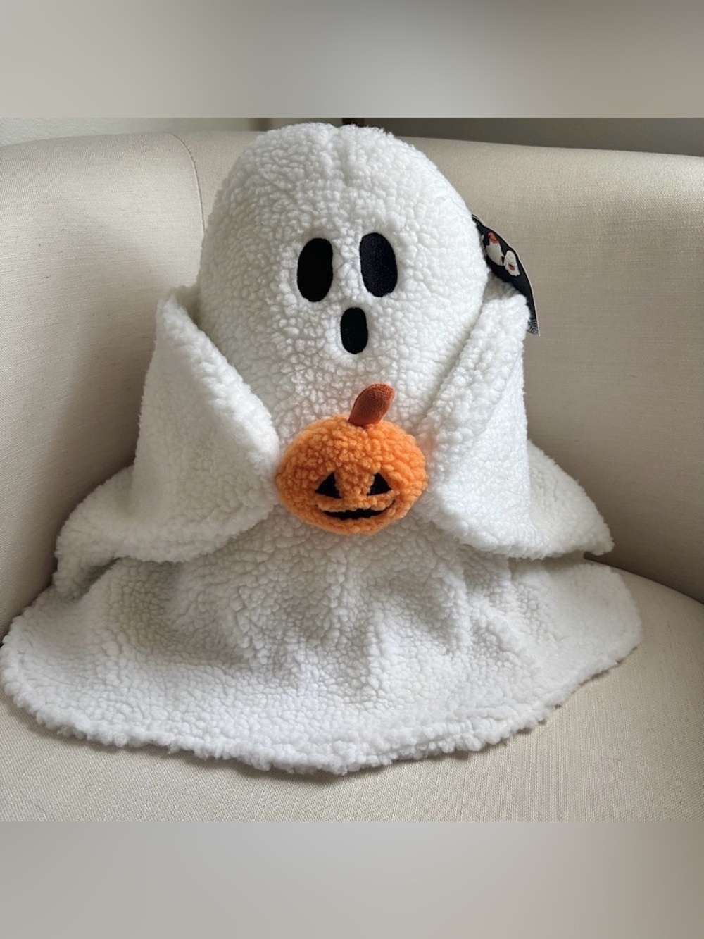 Sherpa Ghost Holding Pumpkin Pillow